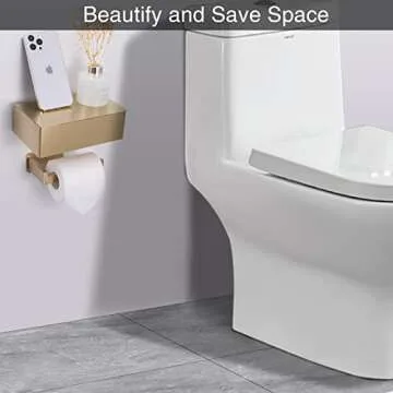 YRONG Adhesive Toilet Paper Holder with Shelf and Storage, Wall Mount Toilet Paper Roll Holder & Flushable Wipes Dispenser Set Fits Any Bathroom, Stainless Steel Tissue Holder-Square, Gold