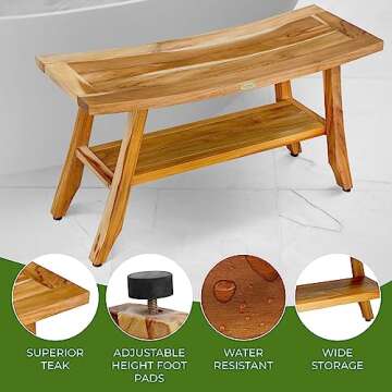 EcoDecors 34 Inch Satori Natural Teak Waterproof Teak Wood Shower Bench Stool Seat Chair For Inside Shower Provides Safety, Storage, and Organization For Bathroom Accessories
