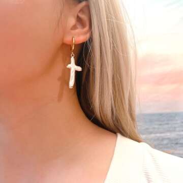 Pearl Cross Earrings for Women Freshwater Baroque Pearl Earrings Real Pearl Cross Earrings Gold Christian Earrings Gift (Big)