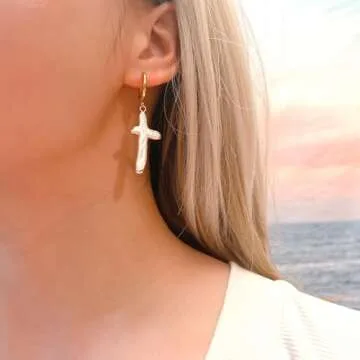 Pearl Cross Earrings for Women Freshwater Baroque Pearl Earrings Real Pearl Cross Earrings Gold Christian Earrings Gift (Big)