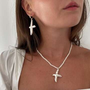 Pearl Cross Earrings for Women Freshwater Baroque Pearl Earrings Real Pearl Cross Earrings Gold Christian Earrings Gift (Big)