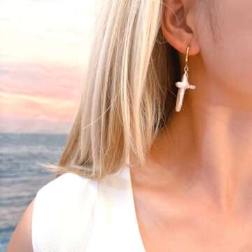 Pearl Cross Earrings for Women Freshwater Baroque Pearl Earrings Real Pearl Cross Earrings Gold Christian Earrings Gift (Big)