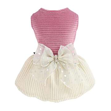 Fitwarm Shinning Lightweight Velvet Dog Dress Doggie Skirt Girl One-Piece with Bowknot for Pet Clothes Birthday Party Doggy Gown Puppy Outfits Apparel Pink Medium