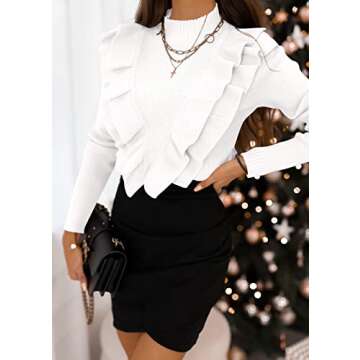 Coololi Women's Ruffle Sweaters Mock Neck Cute Cozy Fitted Pullover Sweater Tops White