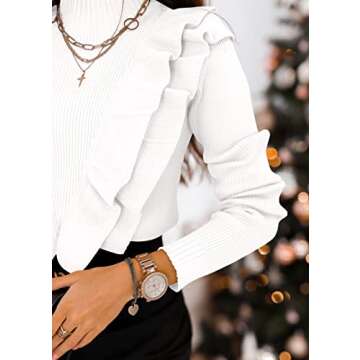 Coololi Women's Ruffle Sweaters Mock Neck Cute Cozy Fitted Pullover Sweater Tops White
