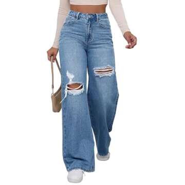 WDIRARA Women's High Waist Ripped Wide Leg Baggy Jeans Distressed Denim Pants Light Blue Solid X-Small