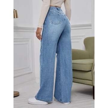 WDIRARA Women's High Waist Ripped Wide Leg Baggy Jeans Distressed Denim Pants Light Blue Solid X-Small