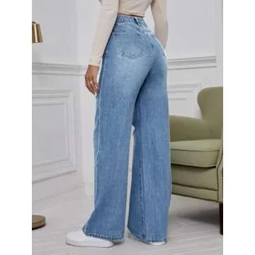 WDIRARA Women's High Waist Ripped Wide Leg Baggy Jeans Distressed Denim Pants Light Blue Solid X-Small
