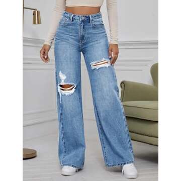 WDIRARA Women's High Waist Ripped Wide Leg Baggy Jeans Distressed Denim Pants Light Blue Solid X-Small