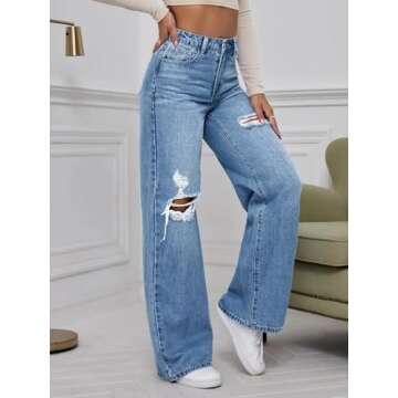 WDIRARA Women's High Waist Ripped Wide Leg Baggy Jeans Distressed Denim Pants Light Blue Solid X-Small