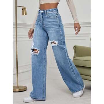 WDIRARA Women's High Waist Ripped Wide Leg Baggy Jeans Distressed Denim Pants Light Blue Solid X-Small