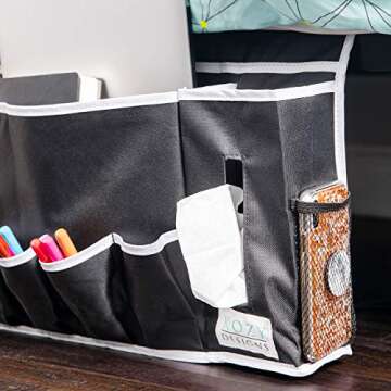Kozy Designs Dorm Room Essentials Bedside Caddy Organizer with New Laptop Keeper Pocket and Non-Slip Stability Flap 12 Pockets Hanging Storage Perfect for College Dorm Rooms and Bunk Beds