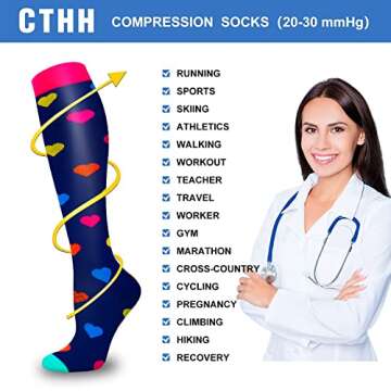 CTHH 7 Pairs Compression Socks for Women & Men Circulation Support Knee High Socks (05 White/Green/Red/Nurse, Large-X-Large)