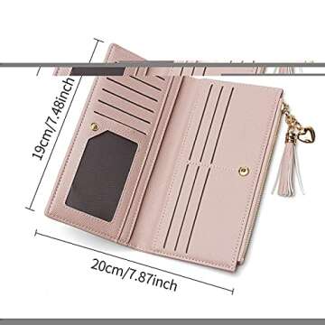 JOSEKO Womens Wallet Wallet for Women Tassel PU Leather Multi-Slots Long Wallet Slim Card Holder Purse Zipper Clutch for Women Pink