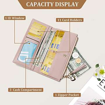 JOSEKO Womens Wallet Wallet for Women Tassel PU Leather Multi-Slots Long Wallet Slim Card Holder Purse Zipper Clutch for Women Pink