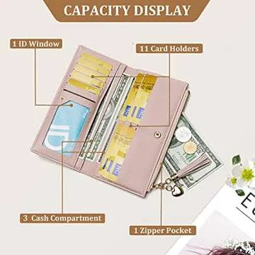 JOSEKO Womens Wallet Wallet for Women Tassel PU Leather Multi-Slots Long Wallet Slim Card Holder Purse Zipper Clutch for Women Pink