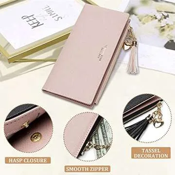 JOSEKO Womens Wallet Wallet for Women Tassel PU Leather Multi-Slots Long Wallet Slim Card Holder Purse Zipper Clutch for Women Pink