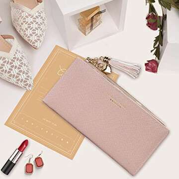 JOSEKO Womens Wallet Wallet for Women Tassel PU Leather Multi-Slots Long Wallet Slim Card Holder Purse Zipper Clutch for Women Pink