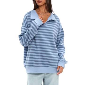 Darong Womens Oversized Sweatshirt 2024 Casual Crewneck Long Sleeve Colorblock Striped Pullover Tunic Tops Outfits 9072 Grey Blue S