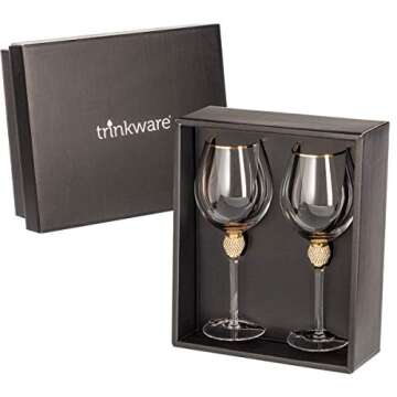 Trinkware Gold Rimmed Wine Glasses Set of 2 - Rhinestone Champagne Flutes DIAMOND Studded - Long Stem, 16oz, 10-inches Tall – Elegant Glassware And Stemware