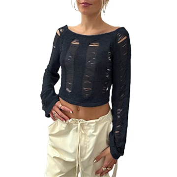 Women Sexy Backless Long Sleeve T-Shirt Crop Top Crochet Knit Hollow Out Slim Fit Casual Crewneck Y2...