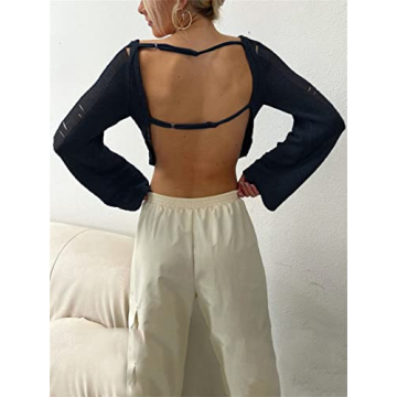 Chic Women Sexy Backless Long Sleeve Crop Top for Summer