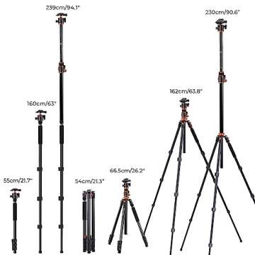 K&F Concept 90 inch/230cm Ultra High Camera Tripod,Horizontal Overhead Shooting Travel Tripods with Metal Ball Head 10KG Load Capacity,Detachable Monopod, for Indoor and Outdoor Use T254A7+BH-28L