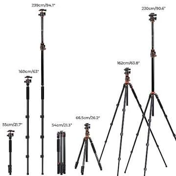 K&F Concept 90 inch/230cm Ultra High Camera Tripod,Horizontal Overhead Shooting Travel Tripods with Metal Ball Head 10KG Load Capacity,Detachable Monopod, for Indoor and Outdoor Use T254A7+BH-28L