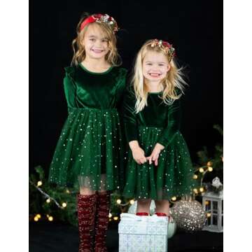 Arshiner Toddler Tutu Dresses Little Girls Velvet Tulle Fall Winter Long Sleeve Ruffle Holiday Party Dress 2-6Y