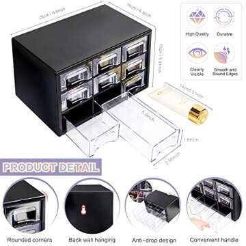 Desk Storage Organizer with 9 Drawers, FODIENS Stackable Desktop Craft Drawer Cabinet, Clear Storage Box Caddy for Makeup Jewelry Office Craft Supplies (9.84×6.3×5.9in) (Black)