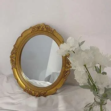 schonee Vintage Carved Decorative Wall Mirror, Hanging Mirror for Dresser Decor Bedroom Living-Room, Cosmetics Jewelry Dresser Organizer Tray (15”x 13.4”) (Golden-Oval)