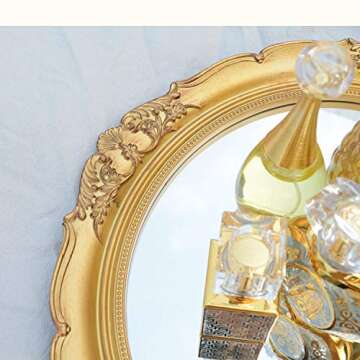 schonee Vintage Carved Decorative Wall Mirror, Hanging Mirror for Dresser Decor Bedroom Living-Room, Cosmetics Jewelry Dresser Organizer Tray (15”x 13.4”) (Golden-Oval)