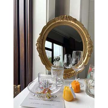 schonee Vintage Carved Decorative Wall Mirror, Hanging Mirror for Dresser Decor Bedroom Living-Room, Cosmetics Jewelry Dresser Organizer Tray (15”x 13.4”) (Golden-Oval)