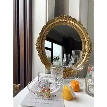schonee Vintage Carved Decorative Wall Mirror, Hanging Mirror for Dresser Decor Bedroom Living-Room, Cosmetics Jewelry Dresser Organizer Tray (15”x 13.4”) (Golden-Oval)