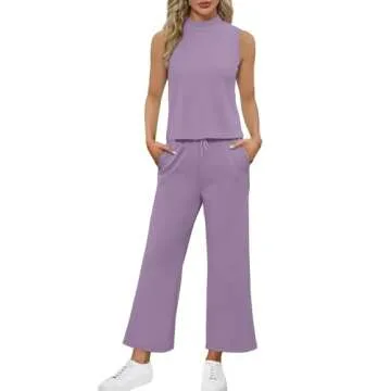 SAMPEEL 2 Piece Set for Women Summer Outfits Vacation Trendy Lounge Sets Mock Neck Matching Sets Women Clothing Wide Leg Crop Pants Set Travel Airport Sweat Set
