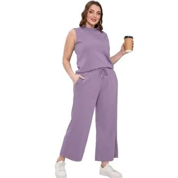 SAMPEEL 2 Piece Set for Women Summer Outfits Vacation Trendy Lounge Sets Mock Neck Matching Sets Women Clothing Wide Leg Crop Pants Set Travel Airport Sweat Set