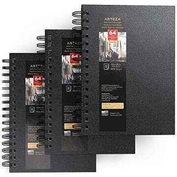 ARTEZA Watercolor Sketchbook, 3-Pack, 64 Pages Each, 5.5x8.5 Inches, Black Hardcover Watercolor Notebook, 140lb/300gsm Spiral Watercolor Paper