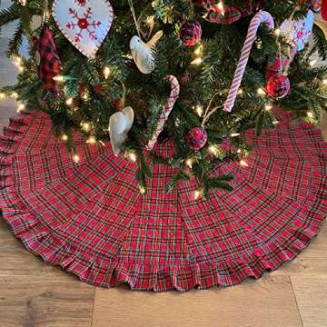 48" Red Tartan Quilted Homespun Cotton Christmas Tree Skirt by Marilee Home