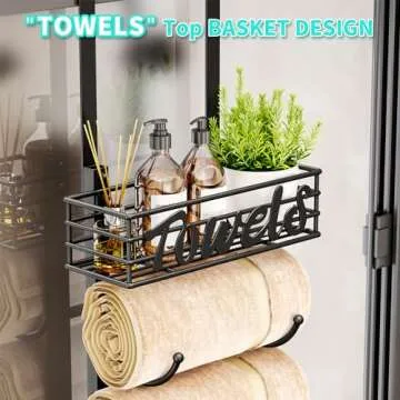 HapiRm 6-Tier Over The Door Towel Racks for Bathroom - Wall Mount Towel Holder with Metal Shelf Basket - Rolled Towel Storage Door Hanging Bath Towel Organizer for Small Bathroom, Camper, Rv - Black
