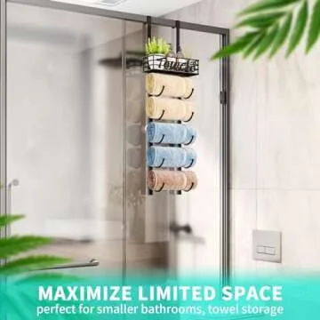 HapiRm 6-Tier Over The Door Towel Racks for Bathroom - Wall Mount Towel Holder with Metal Shelf Basket - Rolled Towel Storage Door Hanging Bath Towel Organizer for Small Bathroom, Camper, Rv - Black