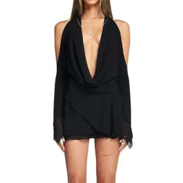 Hilinker Women's Sexy Deep V Neck Long Sleeve Bodycon Dress Sheer Mesh Mini Party Dresses Black X-Small