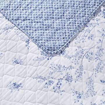 Laura Ashley Home - Queen Quilt Set, Reversible Cotton Bedding with Matching Shams, Pre-Washed Home Decor for Added Softness (Flora Blue, Queen)