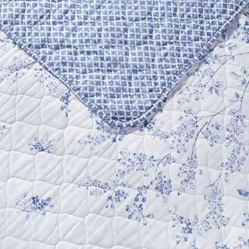Laura Ashley Home - Queen Quilt Set, Reversible Cotton Bedding with Matching Shams, Pre-Washed Home Decor for Added Softness (Flora Blue, Queen)