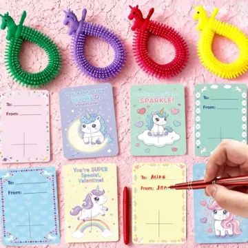 Valentine's Day Unicorn Cards with Stretchy Strings for Kids