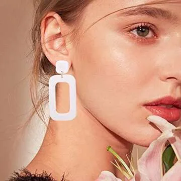 CHUNYANAN Boho Elegant Retro Simple Acrylic White Geometric Square Hollow Earrings for Women White Minimalist Statement Hypoallergenic Drop Earrings (White Hollow Earrings)