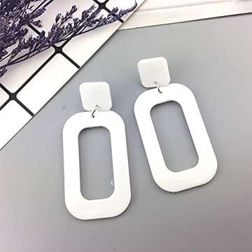 CHUNYANAN Boho Elegant Retro Simple Acrylic White Geometric Square Hollow Earrings for Women White Minimalist Statement Hypoallergenic Drop Earrings (White Hollow Earrings)