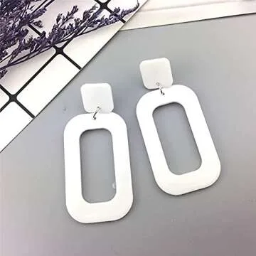 CHUNYANAN Boho Elegant Retro Simple Acrylic White Geometric Square Hollow Earrings for Women White Minimalist Statement Hypoallergenic Drop Earrings (White Hollow Earrings)