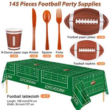 ADXCO 145 Pieces Football Themed Party Supplies Football Paper Plates Cups Napkins Spoons Forks Knives Tablecloth Football Party Tableware for Game Day Party Decorations, Serves 24 Guests
