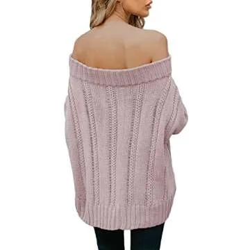 Astylish Women's Long Sleeve Off Shoulder Casual Oversized Knitted Sweater Pullovers Medium 8 10 Pink