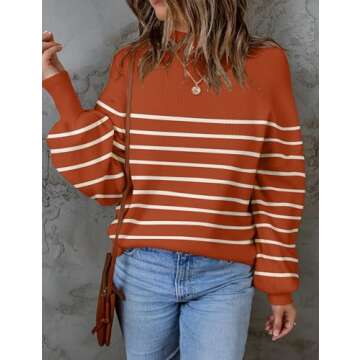 ZESICA Women's Fashion Turtleneck Long Sleeve Striped Ribbed Sweater in Maple